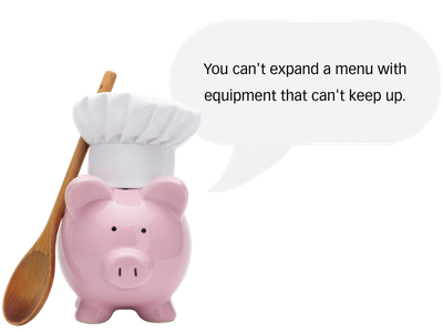 A pink piggy bank wearing a chef's hat with a wooden spoon and a speech bubble that says 'You can't expand a menu with equipment that can't keep up.'.