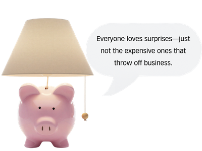 A pink piggy bank wearing a lamp shade on its head, with a speech bubble that says 'Everyone loves surprises—just not the expensive ones that throw off business.'.