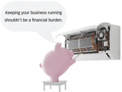 A pink piggy bank standing on a stool, fixing an air conditioning unit, with a speech bubble that says 'Keeping your business running shouldn't be a financial burden.'.