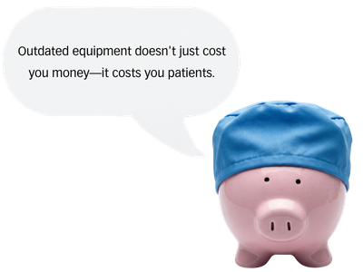 A pink piggy bank wearing a surgeon's cap with a speech bubble that says 'Outdated equipment doesn't just cost you money—it costs you patients.'