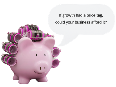 A pink piggy bank with a head full of pink hair rollers and a speech bubble that says 'If growth had a price tag, could your business afford it?'.