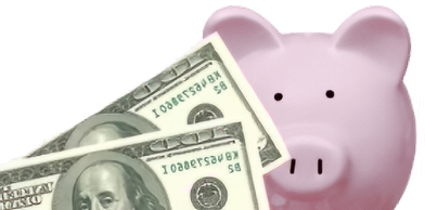 A pink piggy bank with a sign sticking out of its coin slot that says 'hi!'