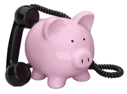 Pink piggy bank wrapped up in a phone cord.