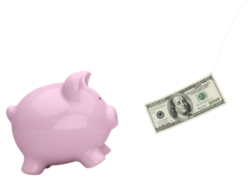 A pink piggy bank runs inside a hamster wheel made of hundred-dollar bills, symbolizing the cash flow cycle.