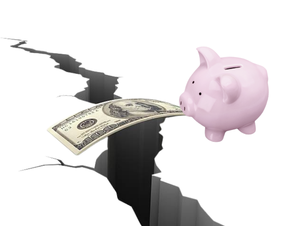 A pink piggy bank crossing a crack in the ground using a one hundred dollar bill as a bridge.