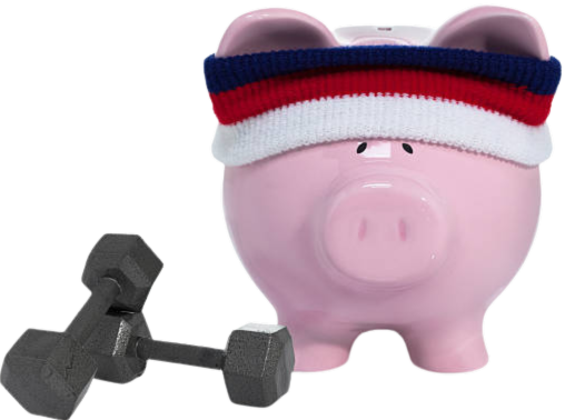 Pink piggy bank wearing a workout headband with dumbells next to it.