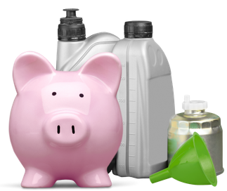 A pink piggy bank standing in front of bottles of motor oil and a funnel.