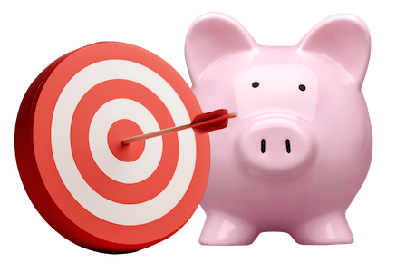 A pink piggy bank standing next to a target with a dark in the bullseye.