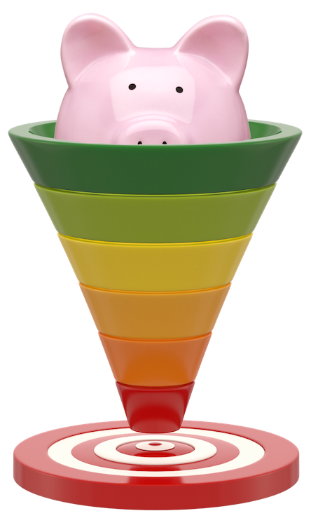 A pink piggy bank poking its head out of a marketing funnel with a bullseye at its base..