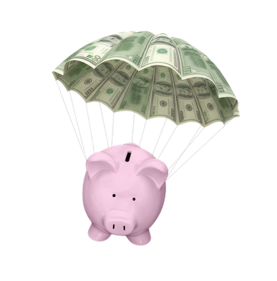 Pink piggy bank flying in with a parachute made of money.