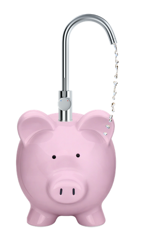 A pink piggy bank with a faucet with water pouring out coming up from its coin slot.