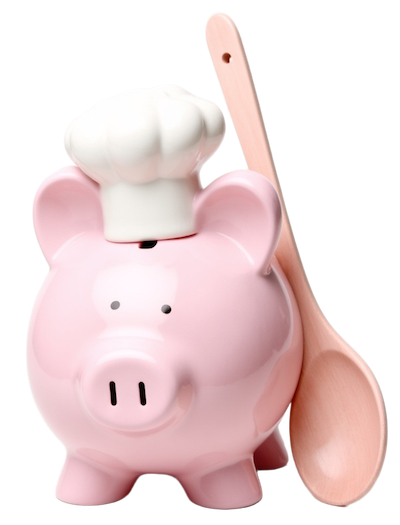A pink piggy bank wearing a chef's hat and holding a wooden spoon.