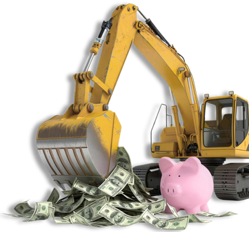 A pink piggy bank standing in front of the hydraulic arm of an commercial excavator with a scooper overflowing with one hundred dollar bills.