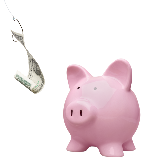 A pink piggy bank looking up at a dollar bill attached to a fishing hook.