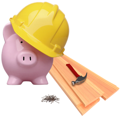 A pink piggy bank wearing a hard hat, standing next to a pile of wooden boards, a hammer, and pile of nails.