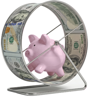 A pink piggy bank running on a hamster wheel made out of hundred dollar bills.