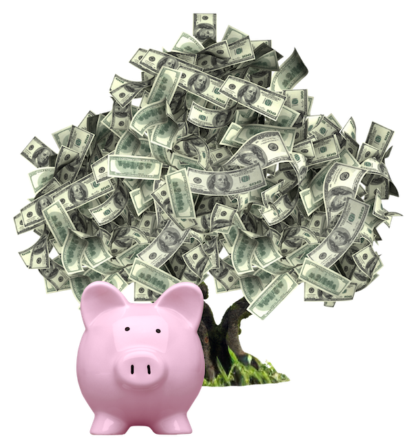 A pink piggy bank with money flying into a pile.
