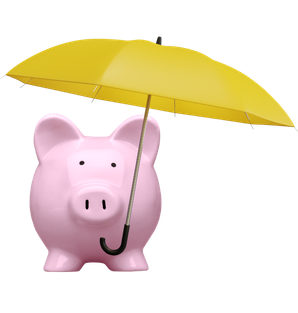 A pink piggy bank standing under a yellow umbrella.