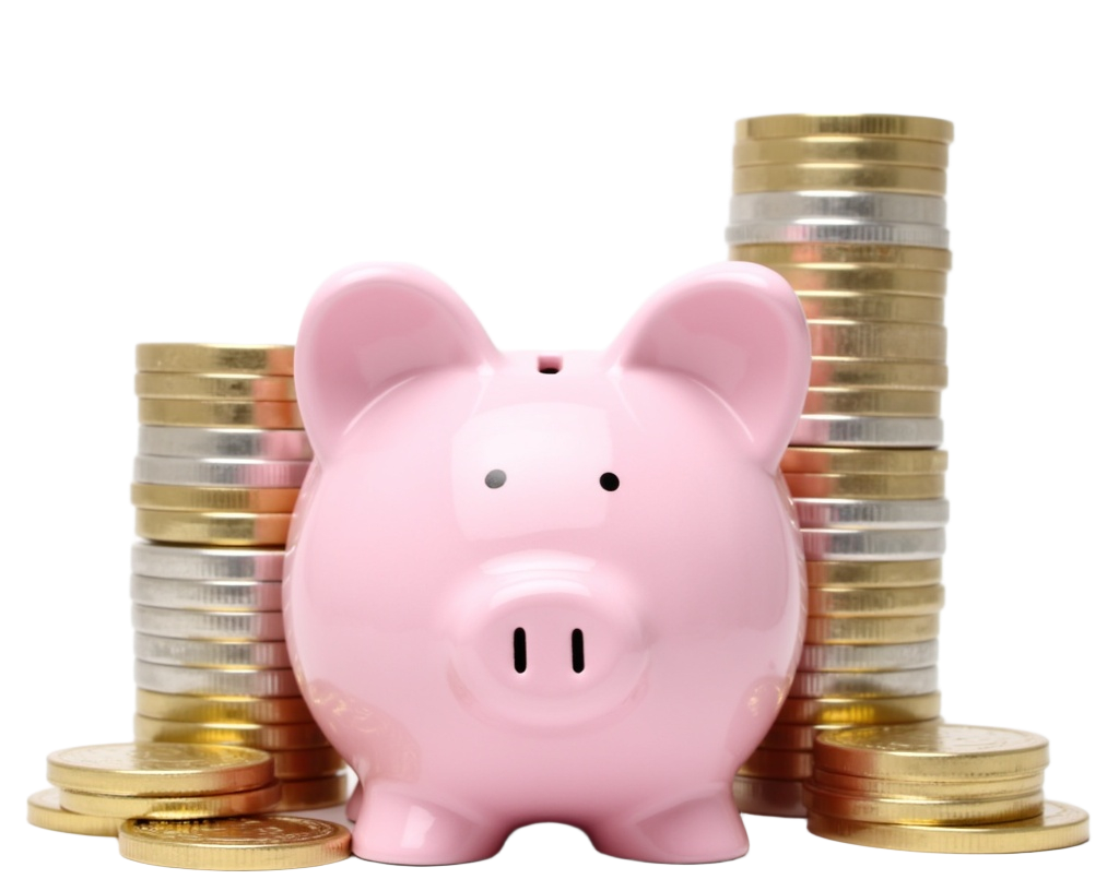 A pink piggy bank with gold coin stacks on both sides