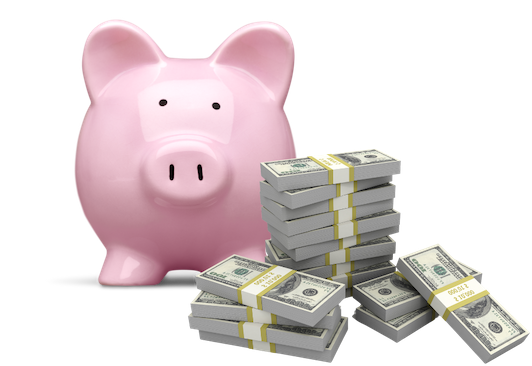 A pink piggy bank standing on top of fanned out hundred dollar bills.