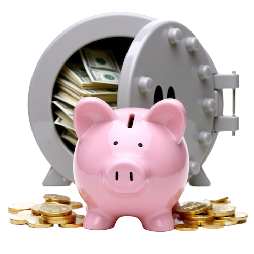 Pink piggy bank standing in front of an open metal vault filled with cash