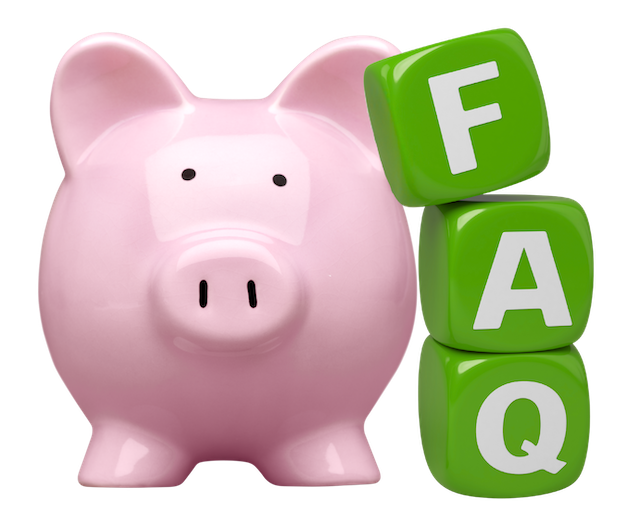 A pink piggy bank standing next to a stack of three green blocks, each labeled 'F', 'A', and 'Q'.