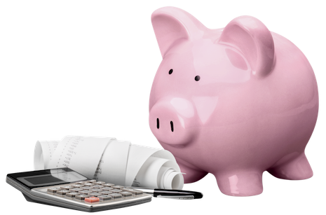 A pink piggy bank standing next to a calculator, a pen, and a roll of calculator tape.